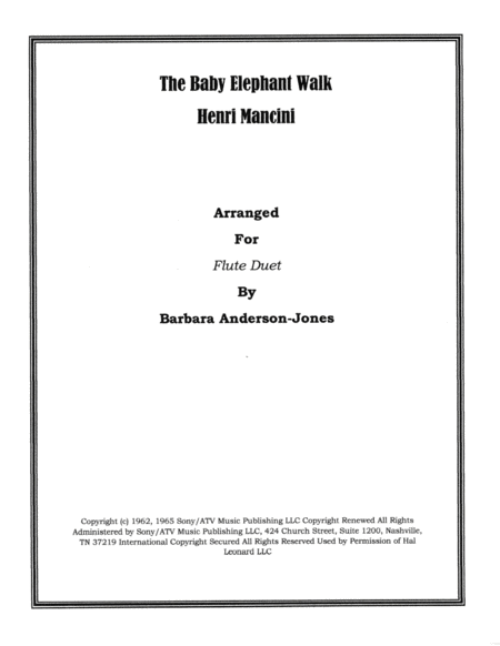 Baby Elephant Walk From The Paramount Picture Hatari Flute Duet Sheet Music