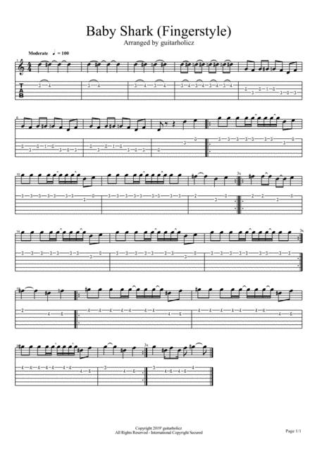 Baby Shark Guitar Fingerstyle Melody Part Only Sheet Music