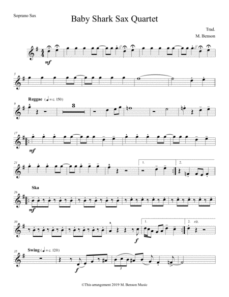 Free Sheet Music Baby Shark Sax Quartet