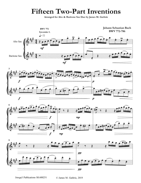 Bach 15 Two Part Inventions For Alto Baritone Sax Duo Sheet Music