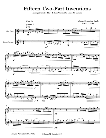 Bach 15 Two Part Inventions For Alto Flute Bass Clarinet Sheet Music