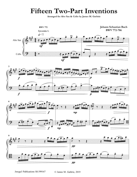 Bach 15 Two Part Inventions For Alto Sax Cello Duo Sheet Music