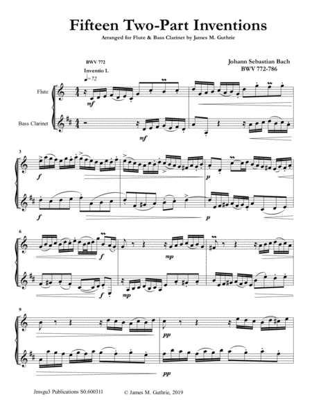 Bach 15 Two Part Inventions For Flute Bass Clarinet Duo Sheet Music