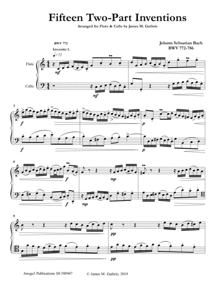 Bach 15 Two Part Inventions For Flute Cello Duo Sheet Music