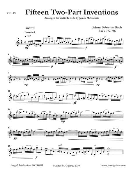 Bach 15 Two Part Inventions For Violin Cello Duo Sheet Music