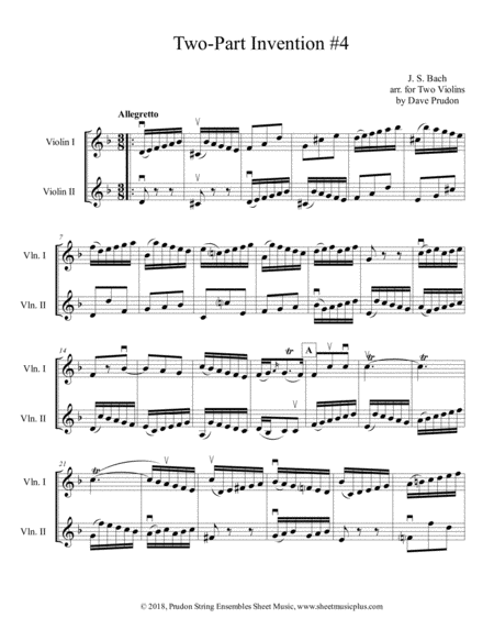 Bach 2 Part Invention 4 For Two Violins Sheet Music