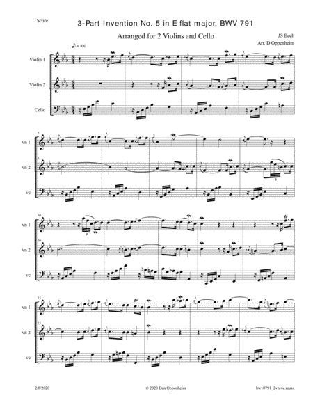 Bach 3 Part Invention No 5 In E Flat Major Bwv 791 Arr For 2 Violins And Cello Sheet Music