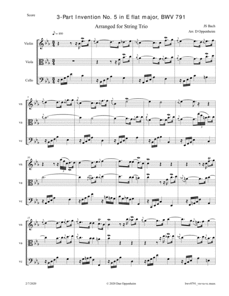 Bach 3 Part Invention No 5 In E Flat Major Bwv 791 Arr For String Trio Sheet Music