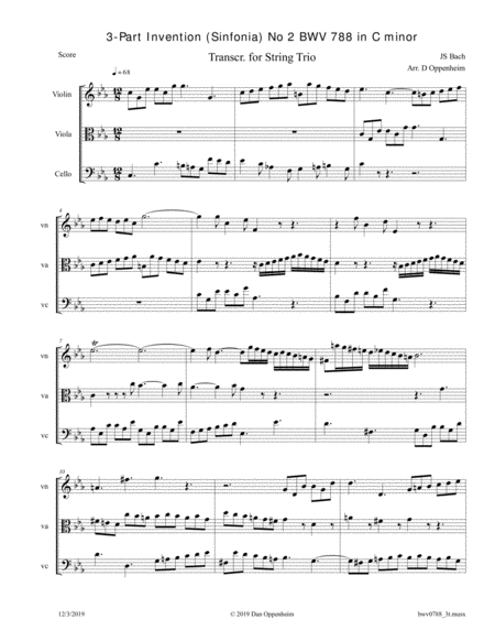 Bach 3 Part Invention Sinfonia No 2 In C Major Bwv 788 Arranged For String Trio Sheet Music