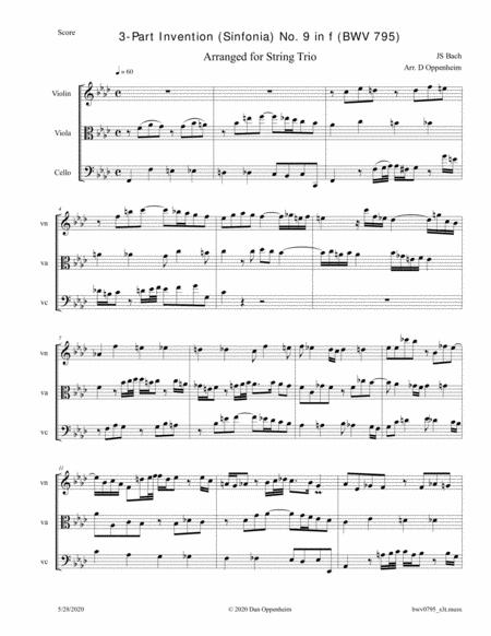 Bach 3 Part Invention Sinfonia No 9 In F Bwv 795 Arr For String Trio Sheet Music