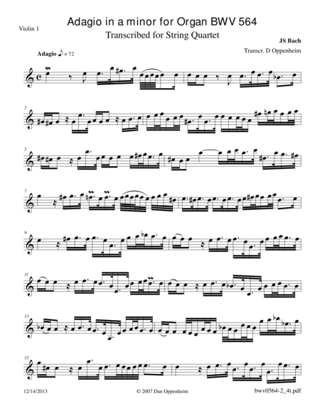 Bach Adagio In A Minor Bwv 564 Arr For String Quartet Sheet Music