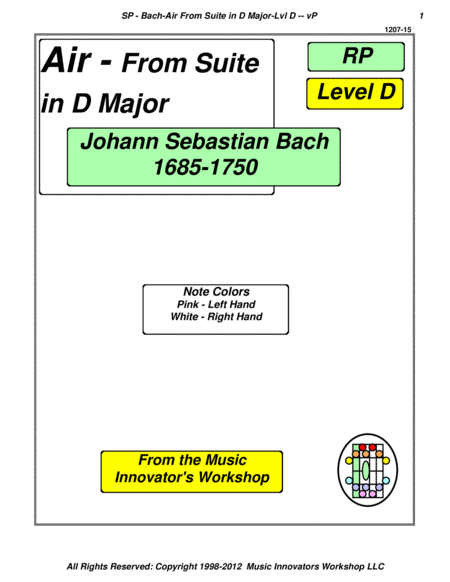 Bach Air From Suite In D Major Level D Key Map Tablature Sheet Music