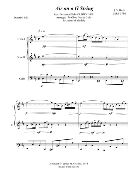 Free Sheet Music Bach Air On A G String For 2 Oboes Cello