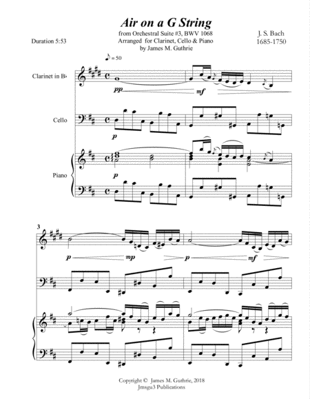 Free Sheet Music Bach Air On A G String For Clarinet Cello Piano