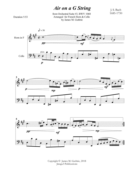 Free Sheet Music Bach Air On A G String For French Horn Cello