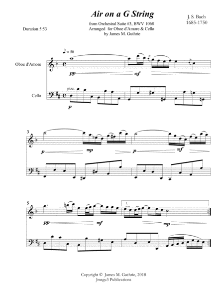 Bach Air On A G String For Oboe D Amore Cello Sheet Music