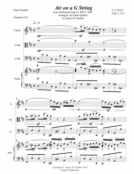 Bach Air On A G String For Piano Quartet Sheet Music