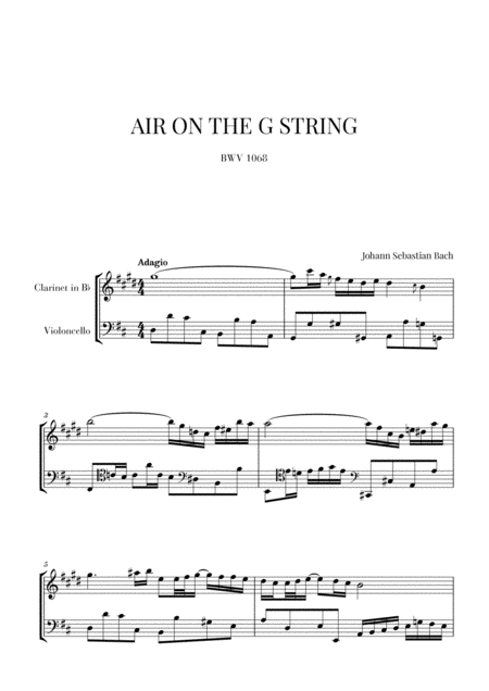 Free Sheet Music Bach Air On The G String For Clarinet In Bb And Violoncello