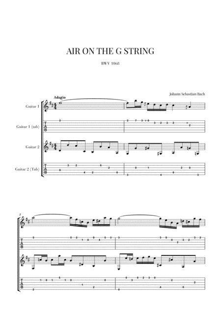 Bach Air On The G String For Guitar Duo 2 Guitars Notation And Tabs Sheet Music