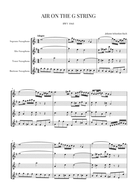 Bach Air On The G String For Saxophone Quartet Sheet Music