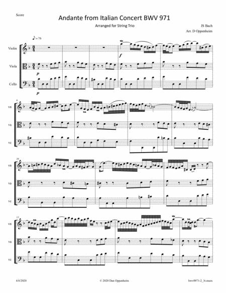 Bach Andante 2nd Movement Of The Italian Concert Bwv 971 Arranged For String Trio Sheet Music