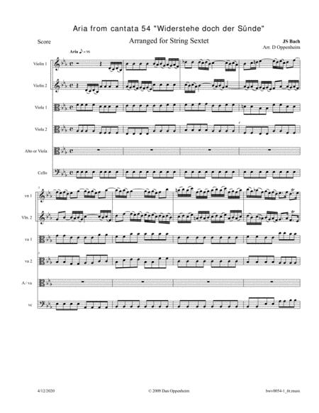 Bach Aria From Cantata 54 Widerstehe Doch Der Snde Arranged For 2 Violins 2 Violas And Alto Voice Or Viola Sheet Music