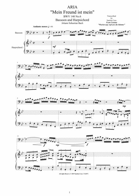 Bach Aria Mein Freund Ist Mein Bwv 140 No 6 For Bassoon And Harpsichord Sheet Music