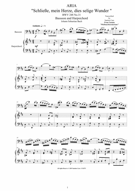 Bach Aria Schliee Mein Herze Dies Selige Wunder Bwv 248 No 31 For Bassoon And Harpsichord Sheet Music