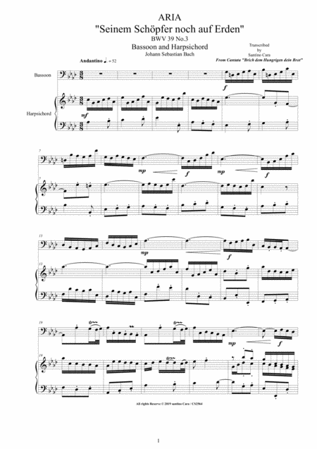 Free Sheet Music Bach Aria Seinem Schpfer Noch Auf Erden Bwv 39 No 3 For Bassoon And Harpsichord