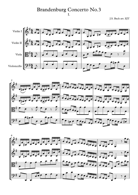 Free Sheet Music Bach Brandenburg 3 Mvmt 1