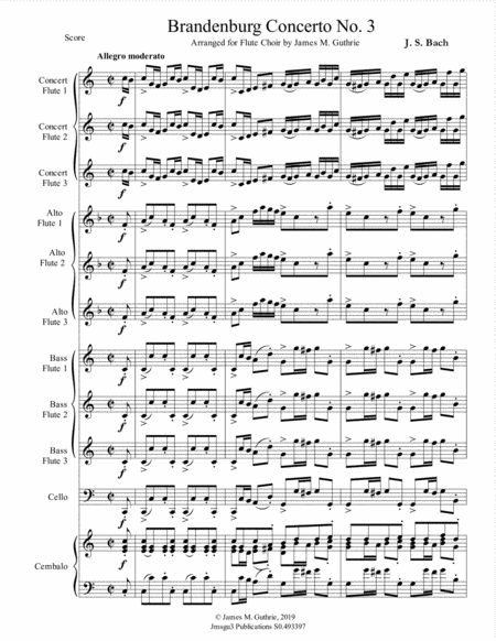 Bach Brandenburg Concerto No 3 For Flute Choir Sheet Music