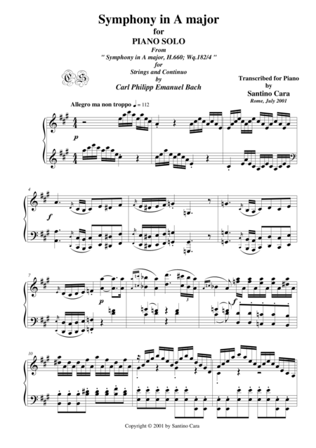 Bach C P E Symphony No 4 In A Major Piano Version Sheet Music