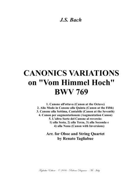 Bach Canonics Variations On Vom Himmel Hoch Bwv 769 Arr For Oboe And String Quartet Sheet Music