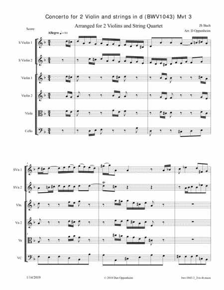 Bach Concerto For 2 Solo Violins And Orchestra In D Bwv 1043 Arranged For 2 Violins And String Quartet Movement 3 Sheet Music