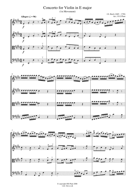 Free Sheet Music Bach Concerto For Violin In E Major Mov 1 For String Quartet Score And Parts