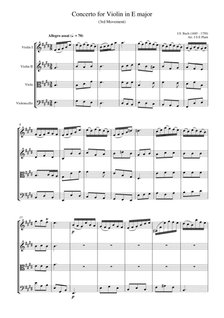 Free Sheet Music Bach Concerto For Violin In E Major Mov 3 For String Quartet Score And Parts
