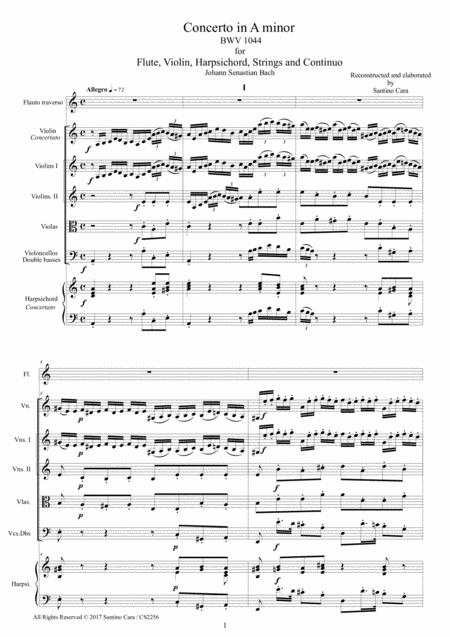 Bach Concerto In A Minor Bwv 1044 For Flute Violin Harpsichord Strings And Continuo Score Parts Sheet Music