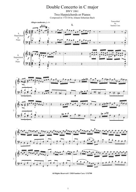 Bach Double Concerto In C Major Bwv 1061 For Two Harpsichords Or Pianos Score Parts Sheet Music