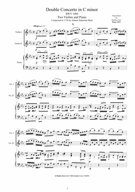 Bach Double Concerto In C Minor Bwv1060 For Two Violins And Piano Sheet Music