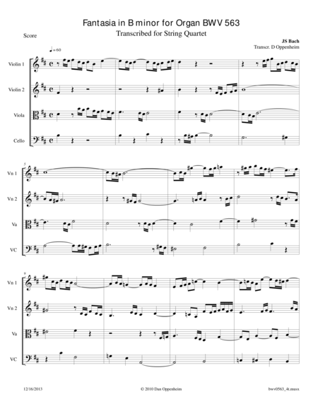 Bach Fantasia In B Minor Bwv 563 Arr For String Quartet Sheet Music