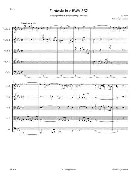 Bach Fantasia In C Bwv 562 Arranged For 2 Violas String Quintet Sheet Music