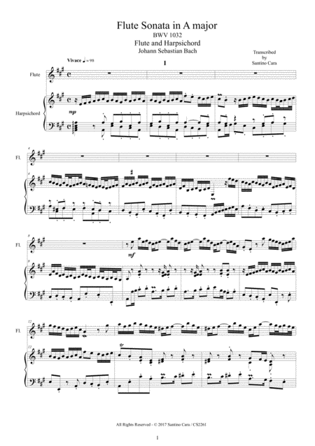 Bach Flute Sonata In A Major Bwv 1032 For Flute And Harpsichord Or Piano Sheet Music