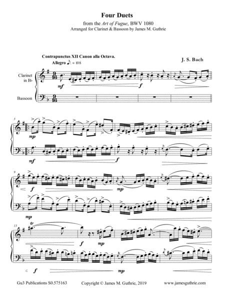 Bach Four Duets From The Art Of Fugue For Clarinet Bassoon Sheet Music