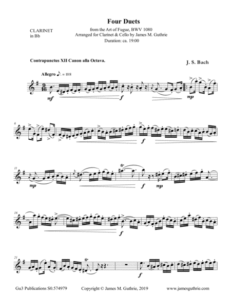 Bach Four Duets From The Art Of Fugue For Clarinet Cello Sheet Music