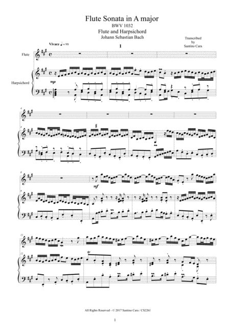 Free Sheet Music Bach Four Flute Sonatas For Flute And Harpsichord Or Piano Bwv 1032 33 34 35 Scores And Part