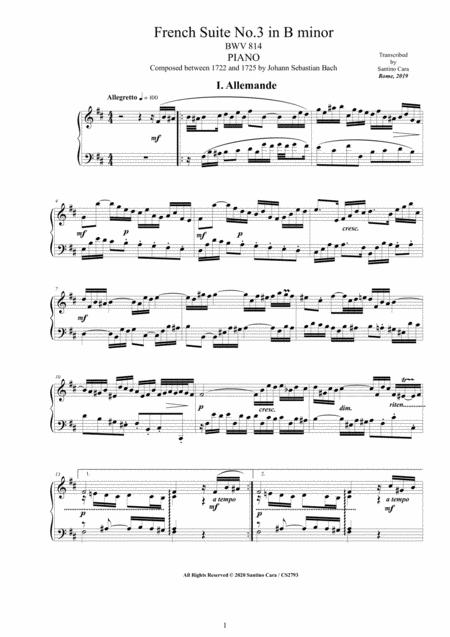 Bach French Suite No 3 In B Minor Bwv 814 For Piano Sheet Music