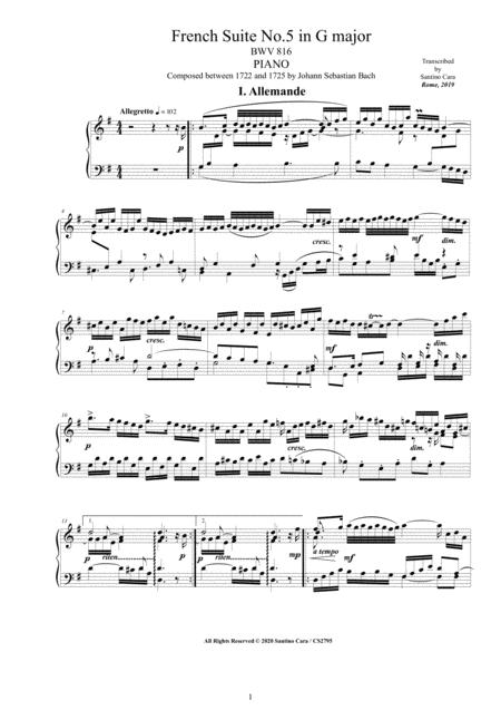 Bach French Suite No 5 In G Major Bwv 816 For Piano Sheet Music