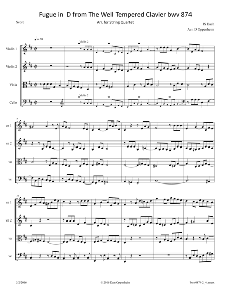 Bach Fugue From The Well Tempered Clavier Bwv 874 Arr For String Quartet Sheet Music