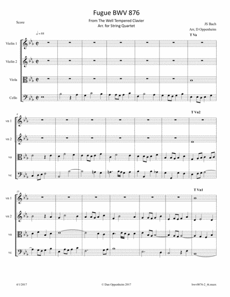 Free Sheet Music Bach Fugue From The Well Tempered Clavier Bwv 876 Arr For String Quartet