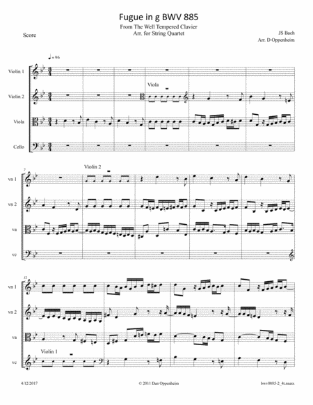 Bach Fugue From The Well Tempered Clavier Bwv 885 Arr For String Quartet Sheet Music